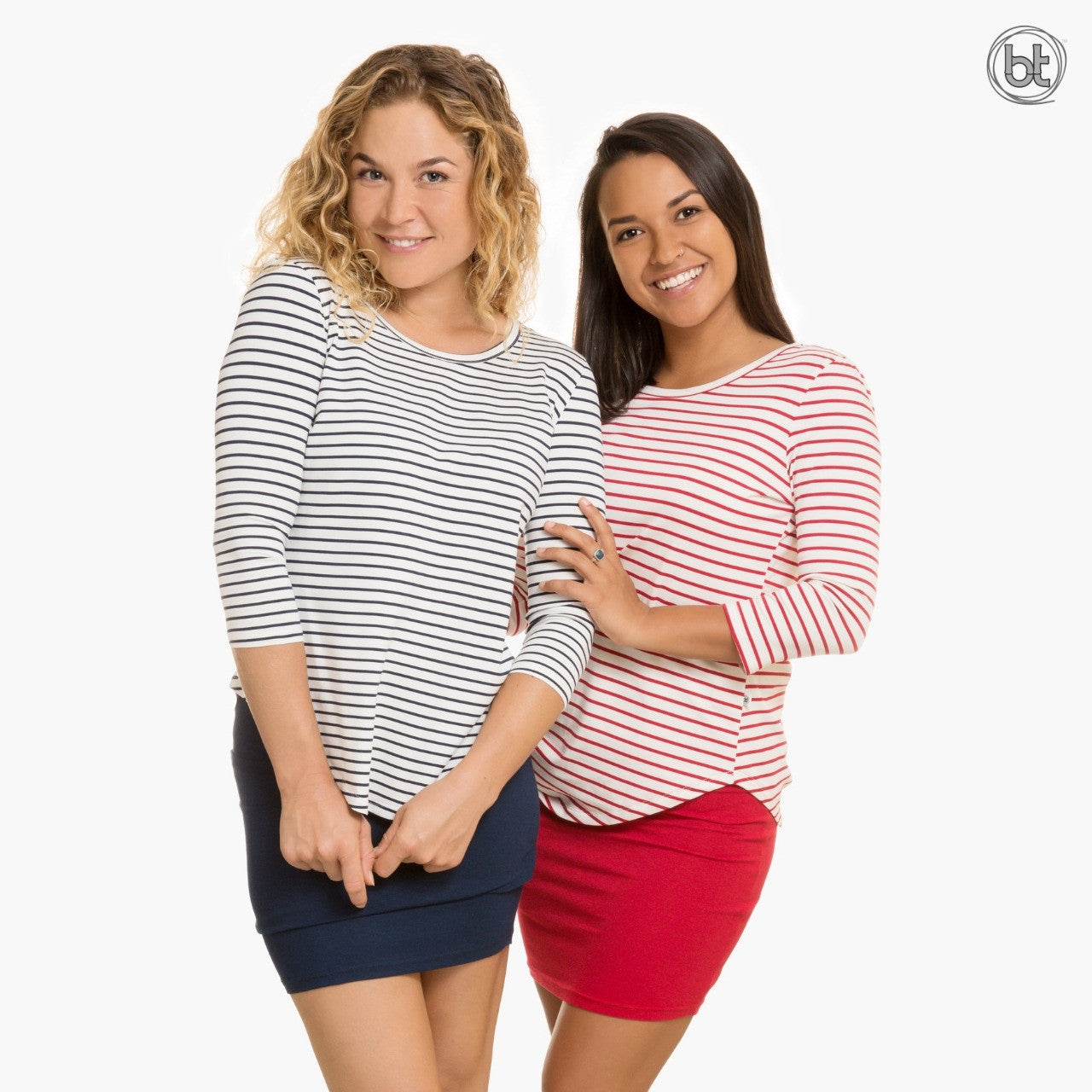Women's Bamboo 3/4 Sleeve Lucy Yoga Shirt - Navy & White Strips and Red & White Stripes