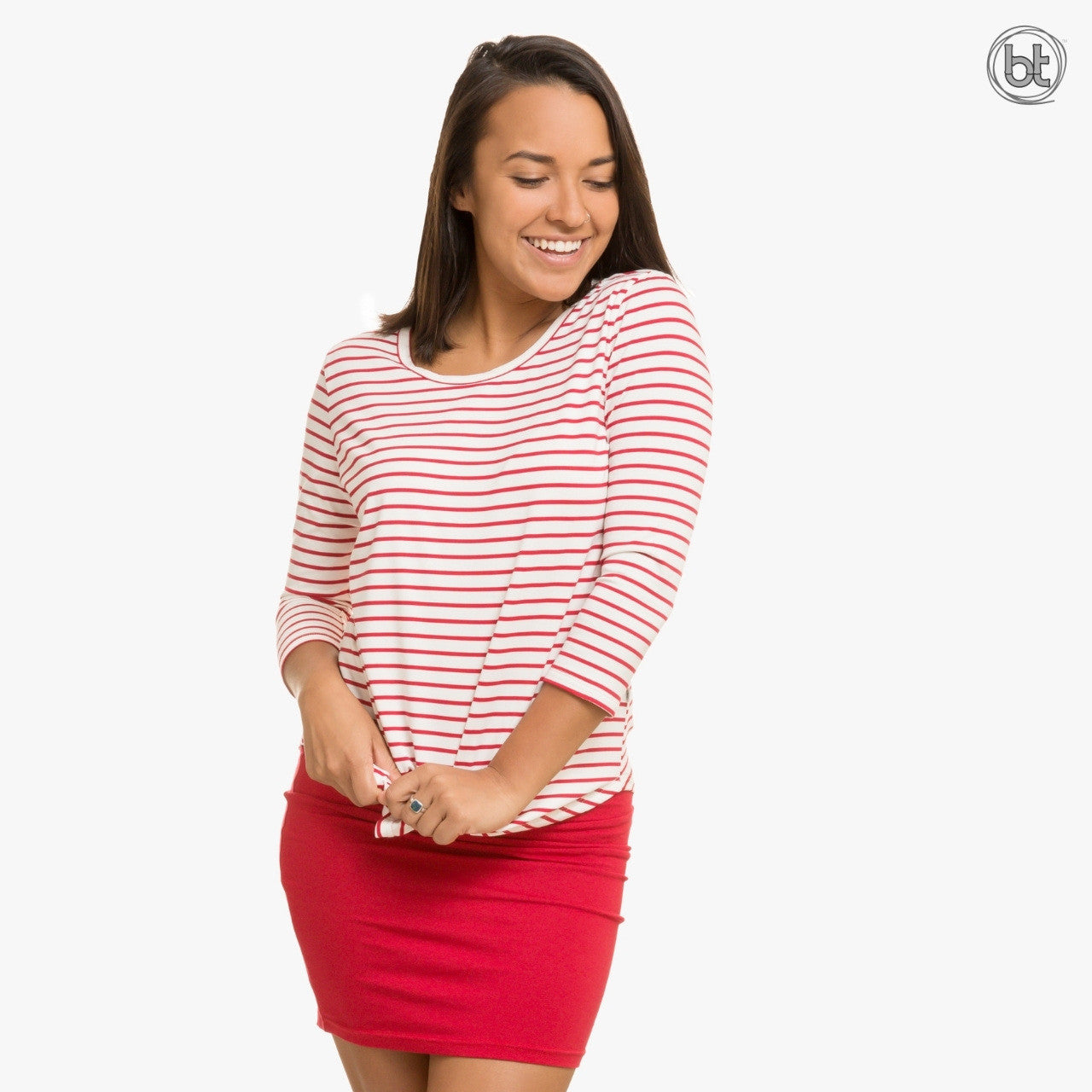 Women's Bamboo 3/4 Sleeve Lucy Yoga Shirt - Red & White Stripes