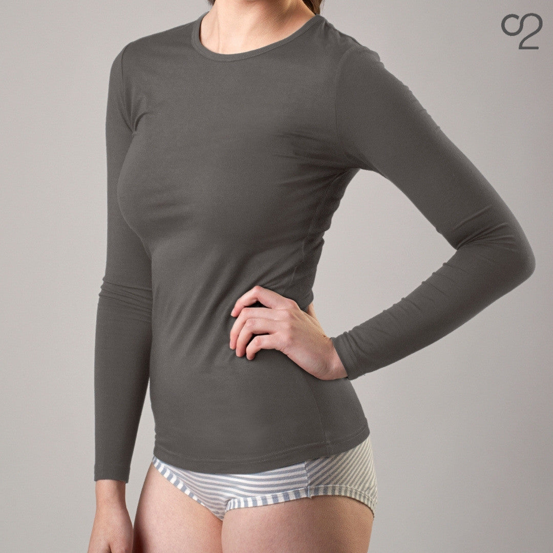 Long Sleeve Bamboo Top with Crew Neck - Grey