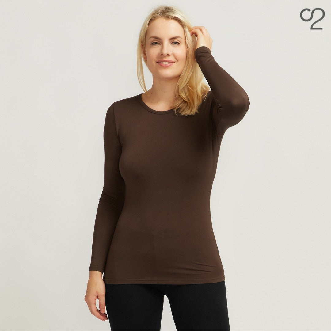 Long Sleeve Bamboo Top with Crew Neck - Chocolate