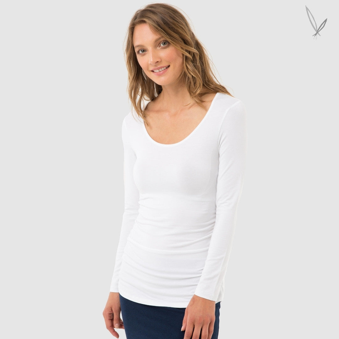 Women's Long Sleeve Ruched Bamboo Tee - White