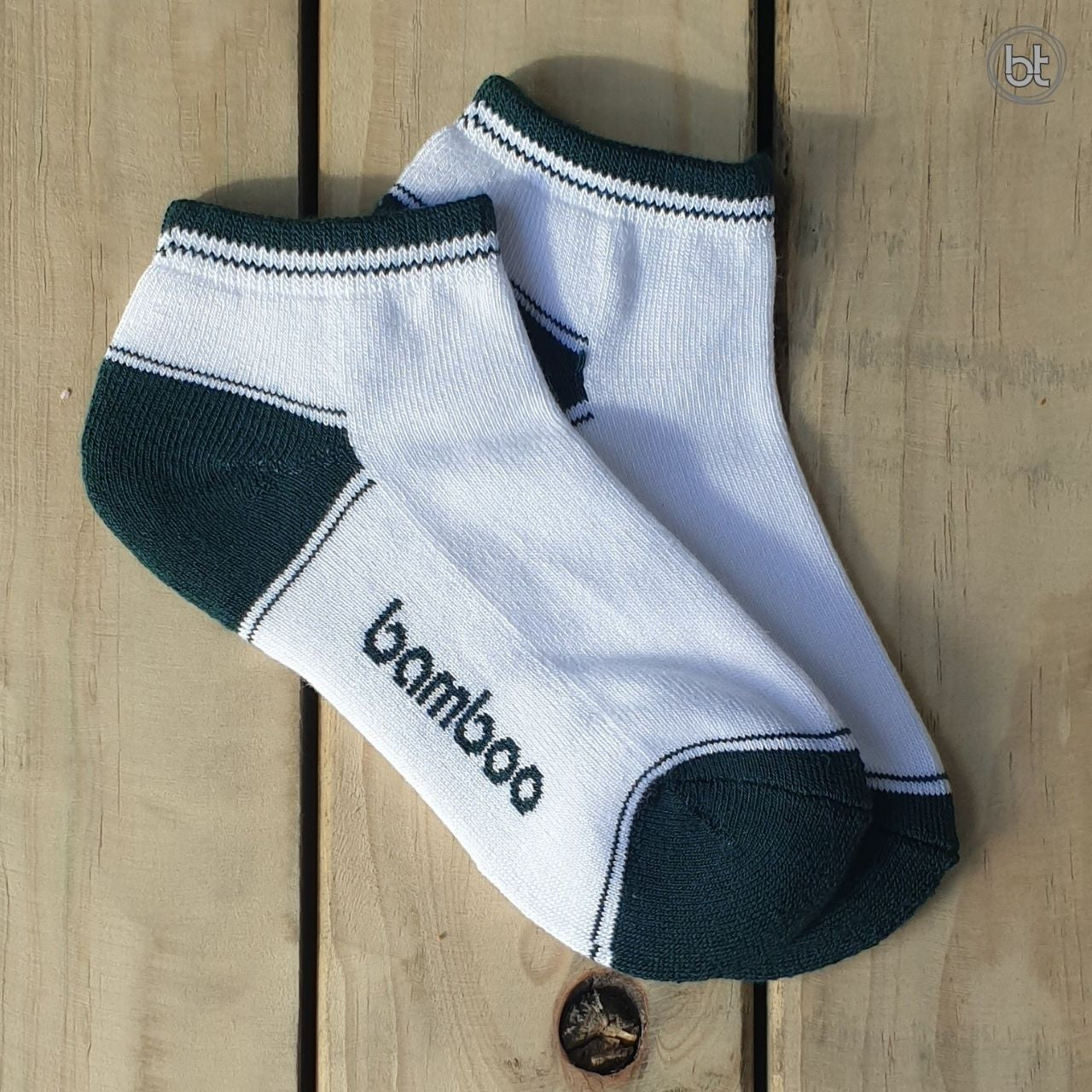 Bamboo Kid's Ped Socks - White and Dark Green