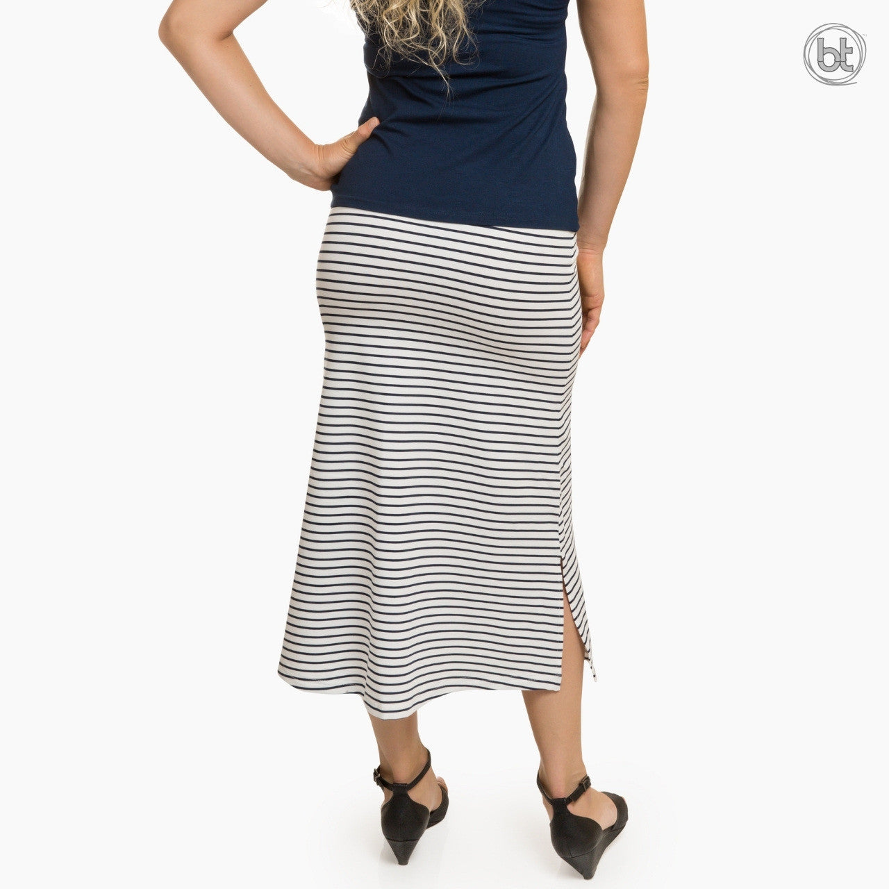 Women's Bamboo Tube Skirt Full Length - Navy and White Stripes