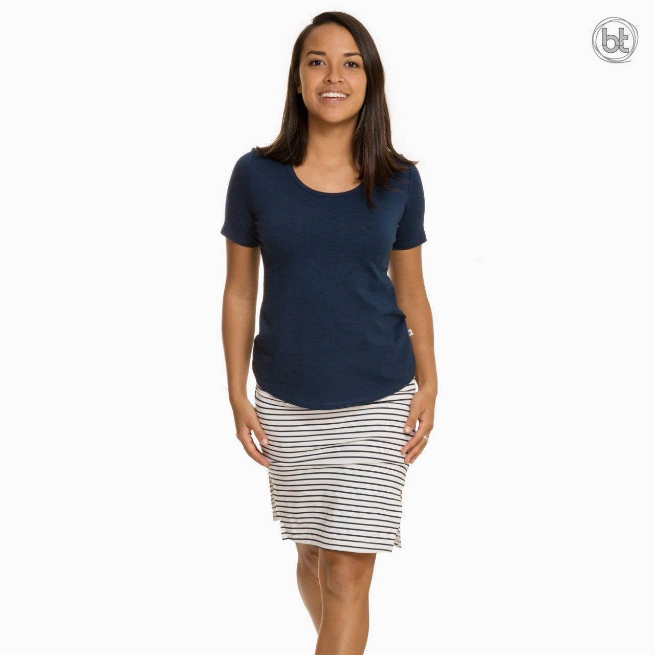 Women's Bamboo Tube Skirt Midi Knee Length - Navy & White Stripe