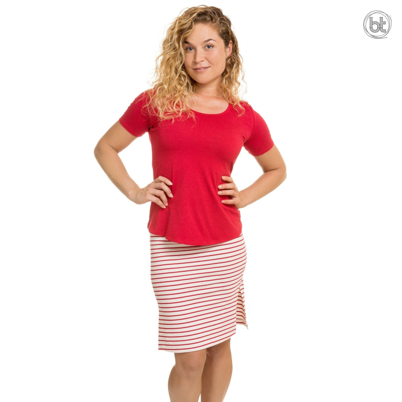 Women's Bamboo Tube Skirt Midi Knee Length - Red & White Stripe