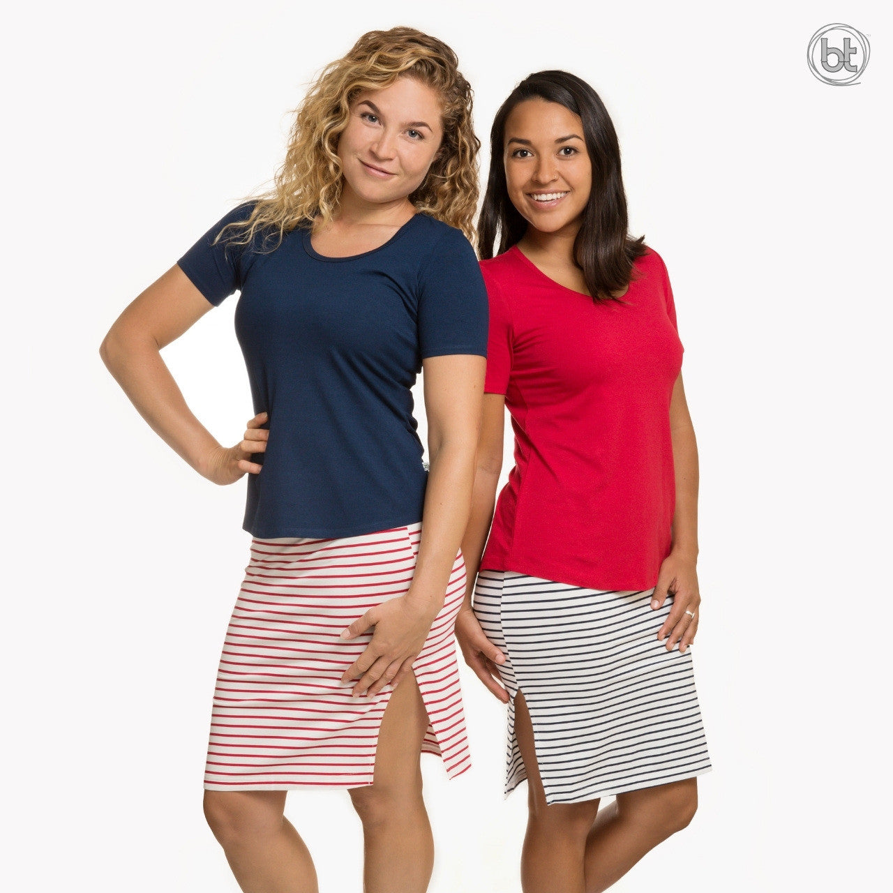 Women's Bamboo Tube Skirt Midi Knee Length - Red & White Stripe and Navy & White Stripe