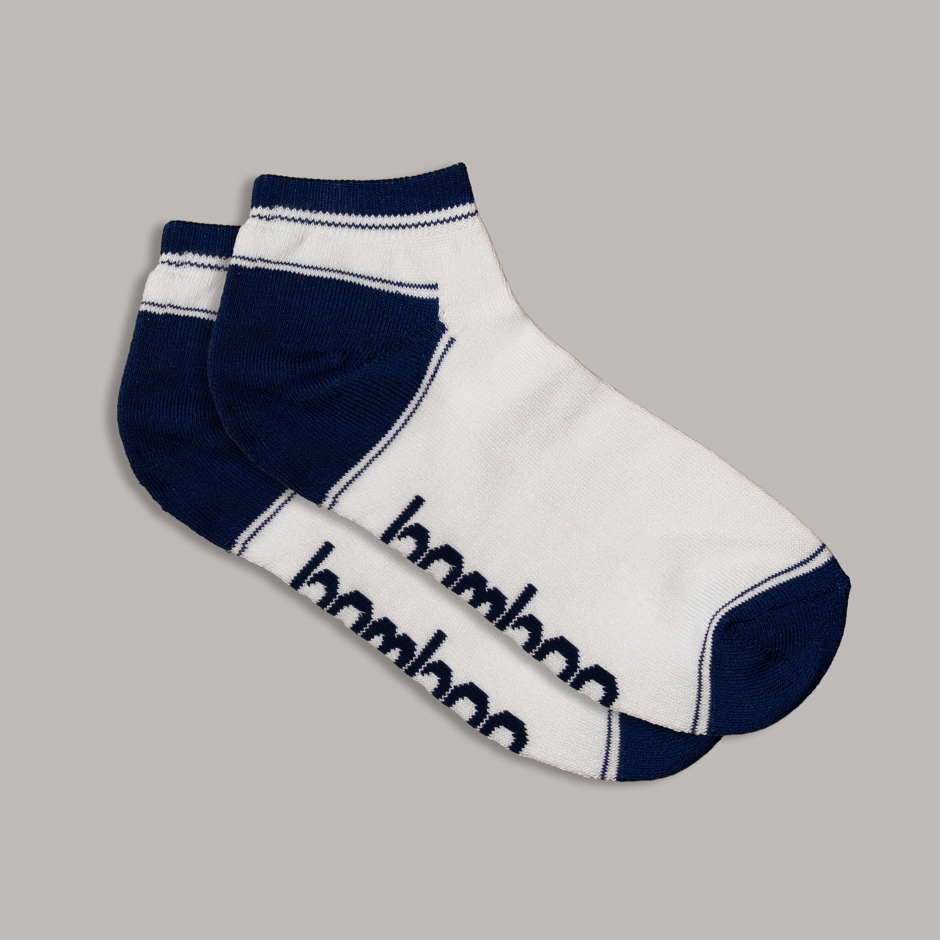 Bamboo Sports Socks Ped (Ankle) - White with Navy Trim
