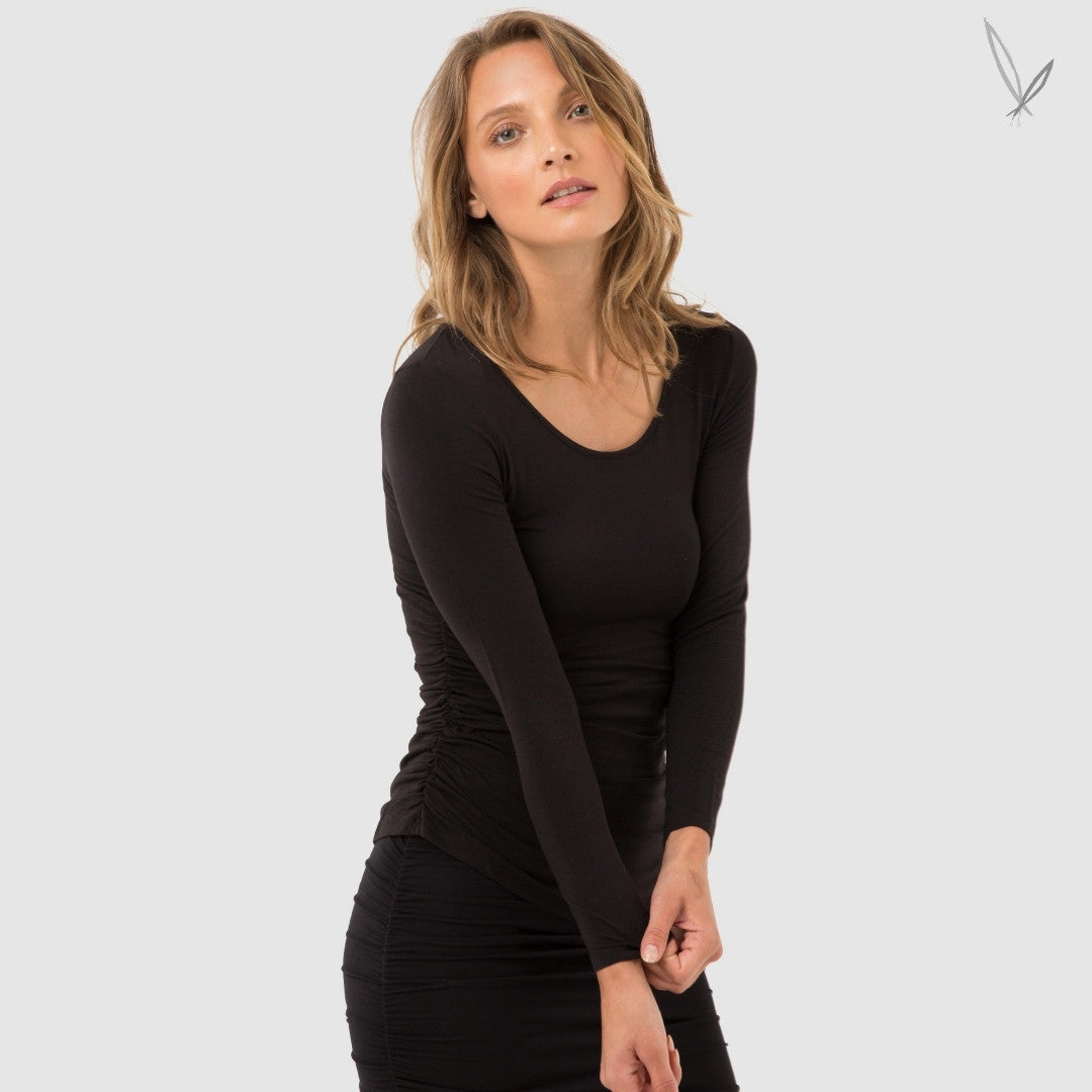 Women's Long Sleeve Ruched Bamboo Tee - Black