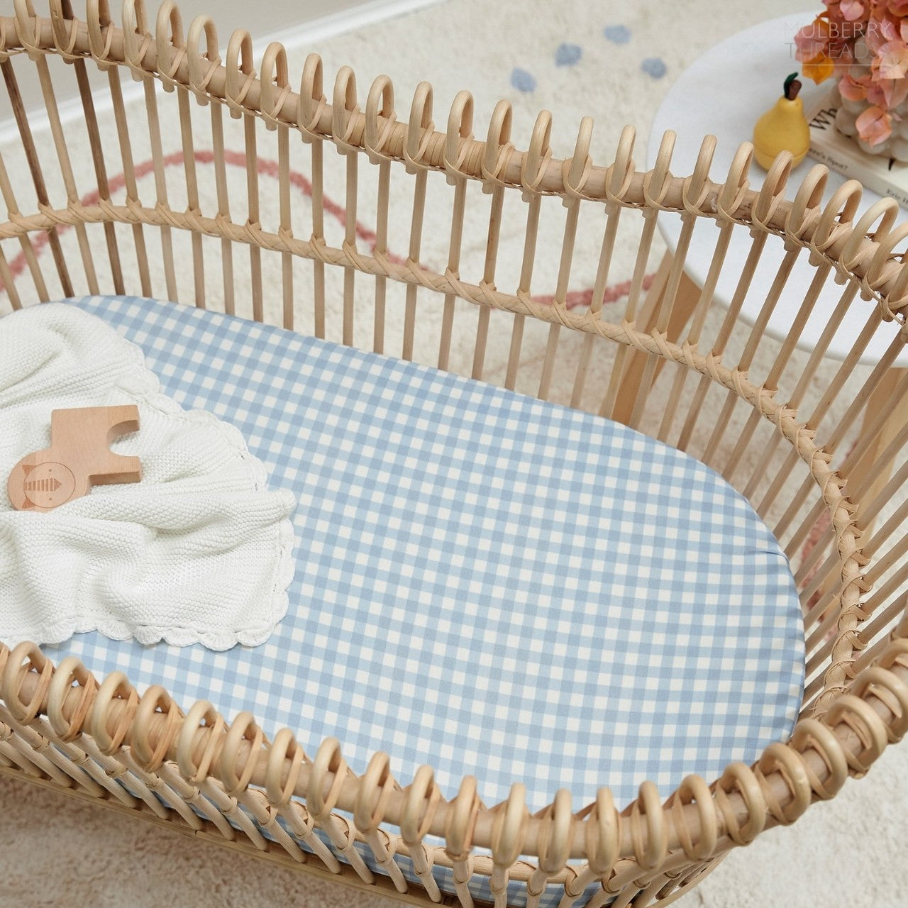Jersey Bassinet Sheet - Fitted by Mulberry Threads Co. - Blue Gingham