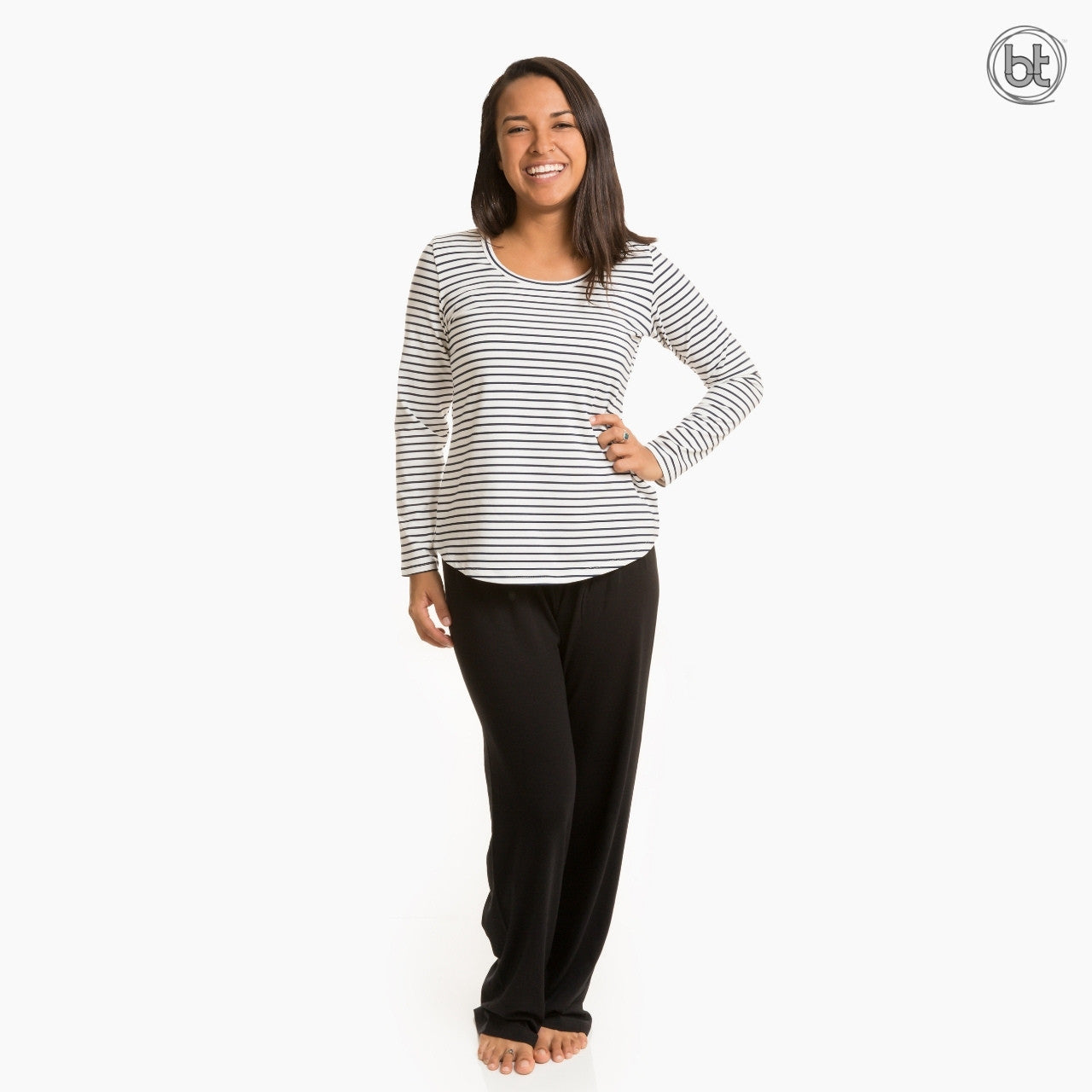Women's Bamboo Lottie Long Sleeve - Navy and White Stripe