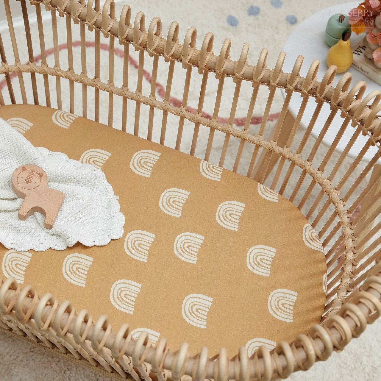 Jersey Bassinet Sheet - Fitted by Mulberry Threads Co. - Mustard Rainbows
