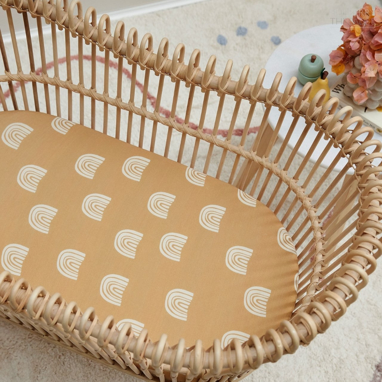 Jersey Bassinet Sheet - Fitted by Mulberry Threads Co. - Mustard Rainbows