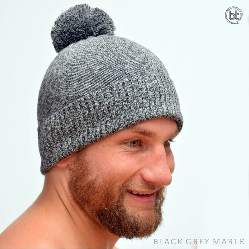 Bamboo Pom Pom Beanie - Black Grey Marle
