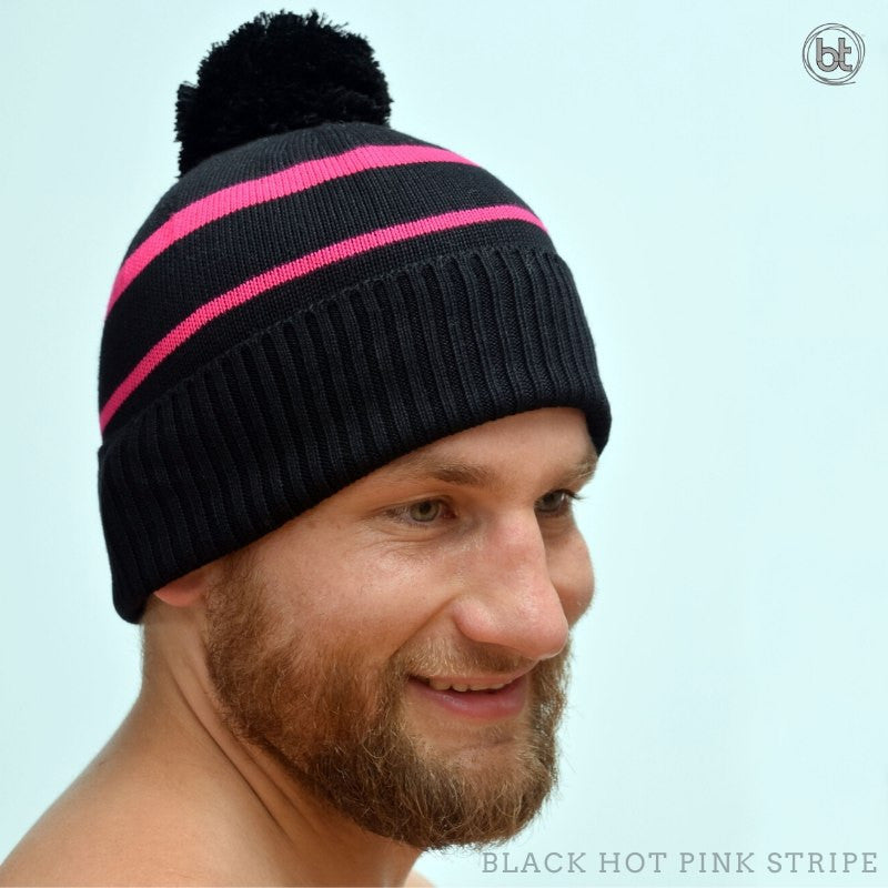 Bamboo Pom Pom Beanie - Black Hot Pink Stripe