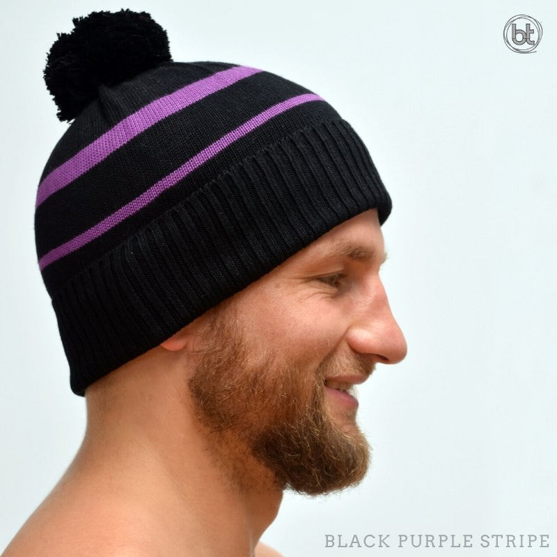 Bamboo Pom Pom Beanie - Black Purple Stripe