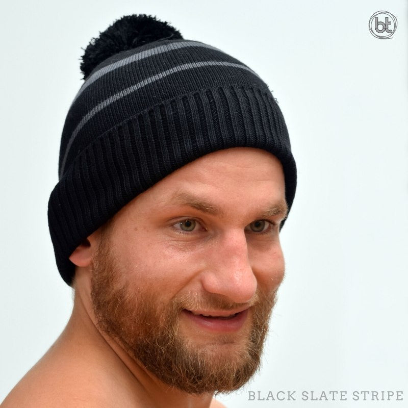 Bamboo Pom Pom Beanie - Black Slate Stripe