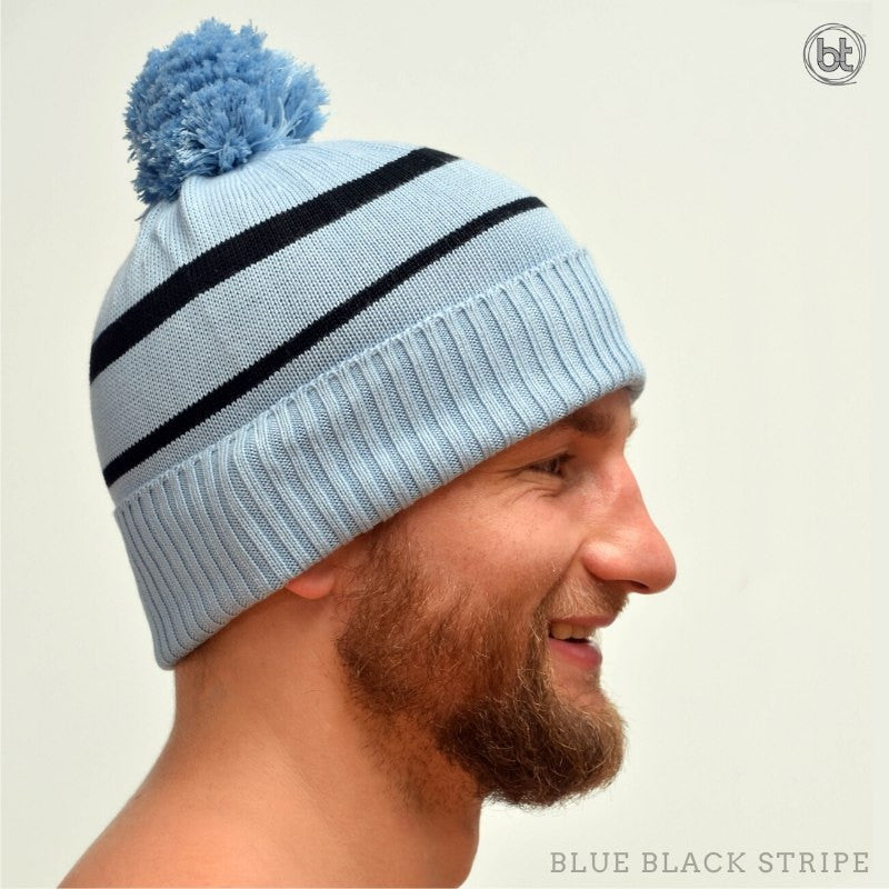 Bamboo Pom Pom Beanie - Blue Black Stripe