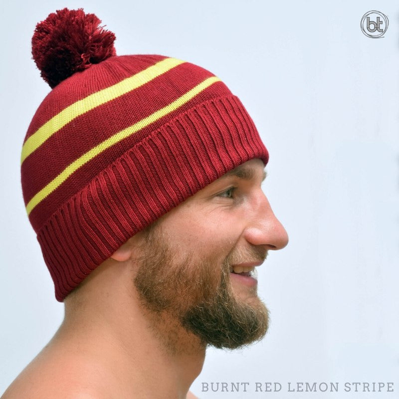 Bamboo Pom Pom Beanie - Burnt Red Lemon Stripe