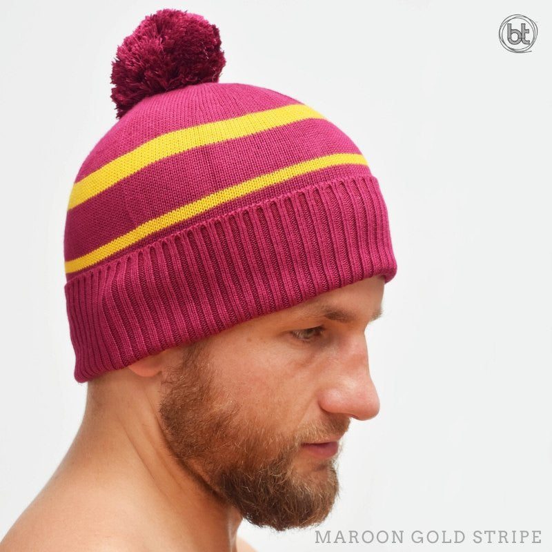 bt Bamboo Pom Pom Beanie - Maroon Gold Stripe