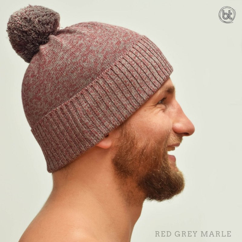 Bamboo Pom Pom Beanie - Red Grey Marle