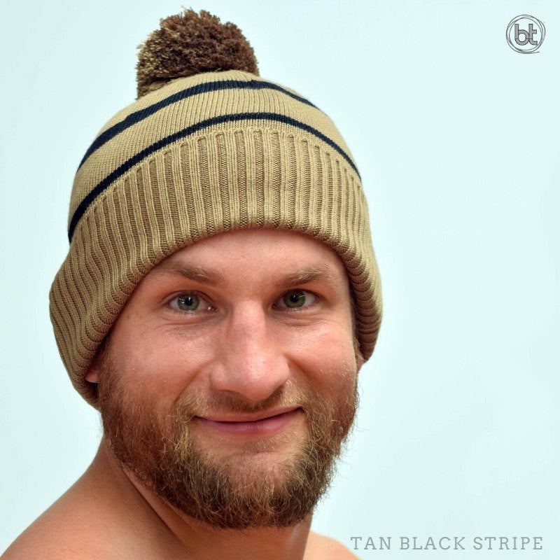 Bamboo Pom Pom Beanie - Tan Black Stripe
