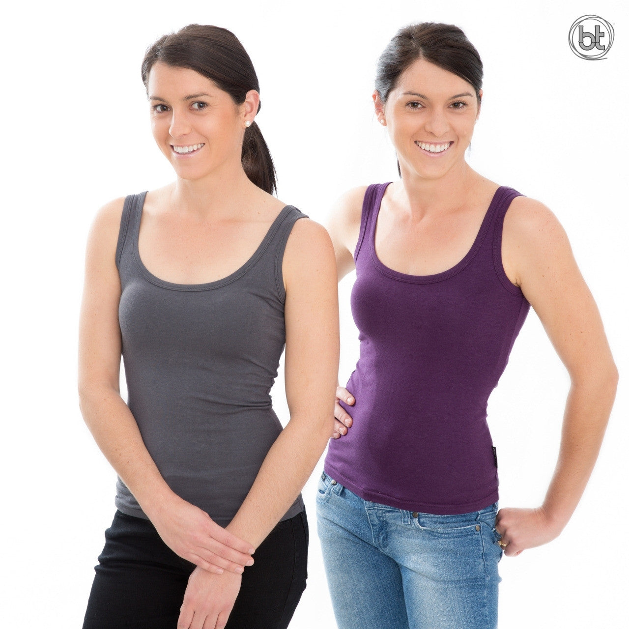 Bamboo Tight Fitting Singlets for Women - Slate and Purple
