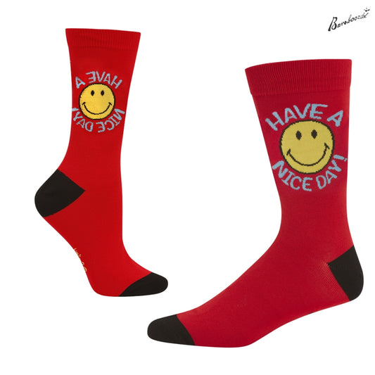 Bamboo Crew Sock - Smiley Have A Nice Day RED