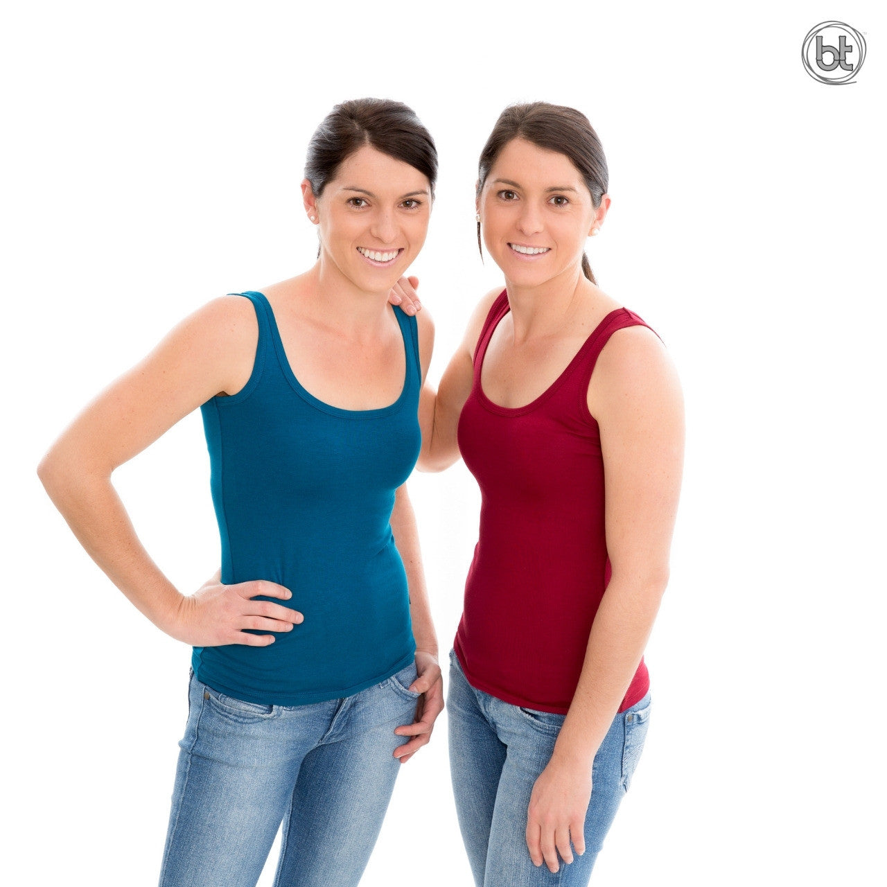 Bamboo Tight Fitting Singlets for Women - Teal and Burnt Red