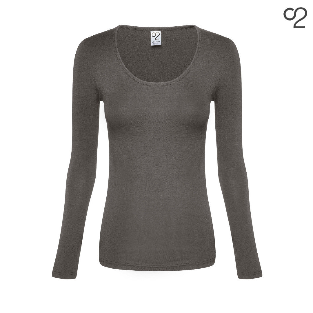 Long Sleeve Bamboo Scoop Neck Top - Grey